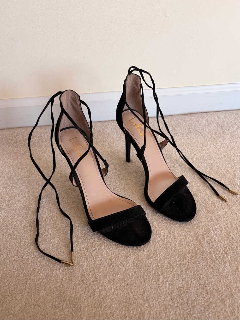 Lulu’s Aimee Black Suede Lace-Up High Heels (Women’s 8.5)